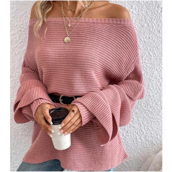 Layered Batwing Sleeve Off Shoulder Knit Sweater Top - Picture 2 of 5
